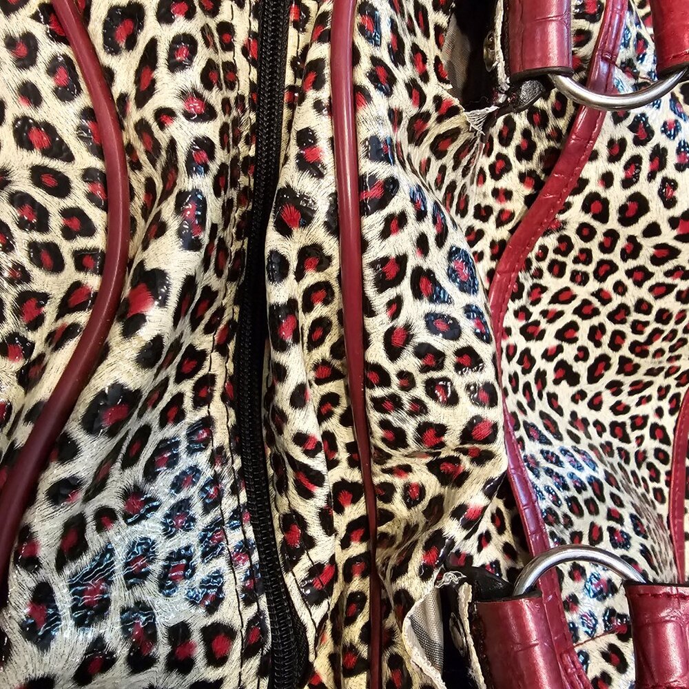 Guess Leopard Print Duffel Bag Burgundy Faux Croc Trim Bow Y2K Handbag Rare HTF - Picture 8 of 10